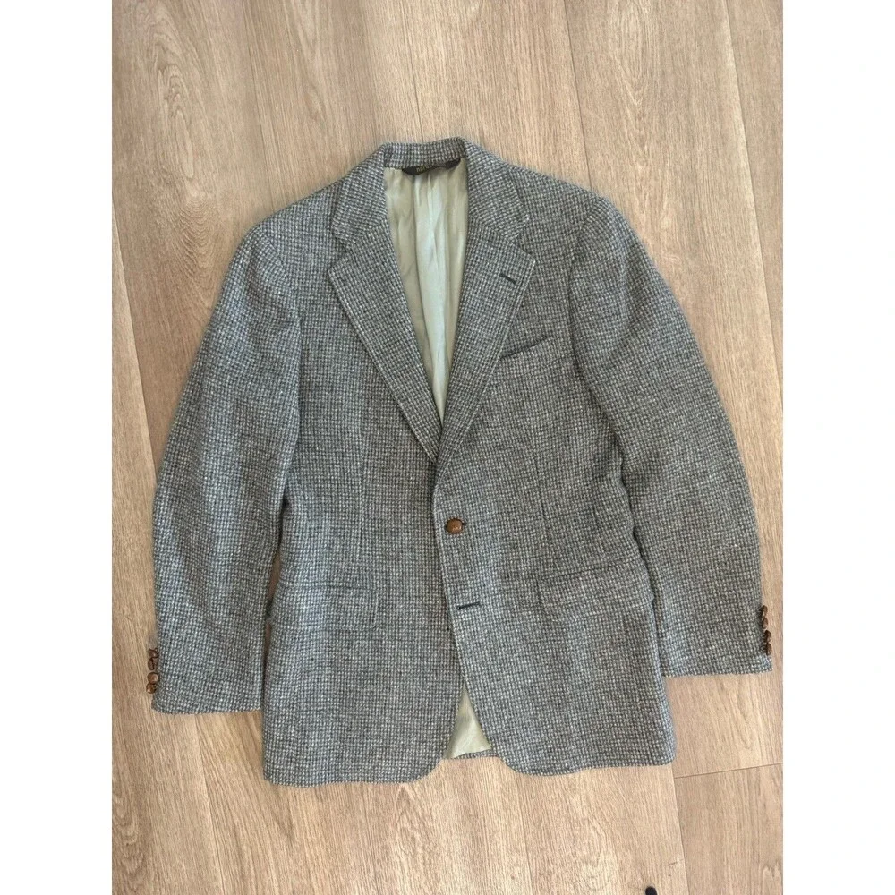 Vtg 70s ~38R Ralph Lauren Chaps Grey Tweed Blazer Leather Buttons Two Button